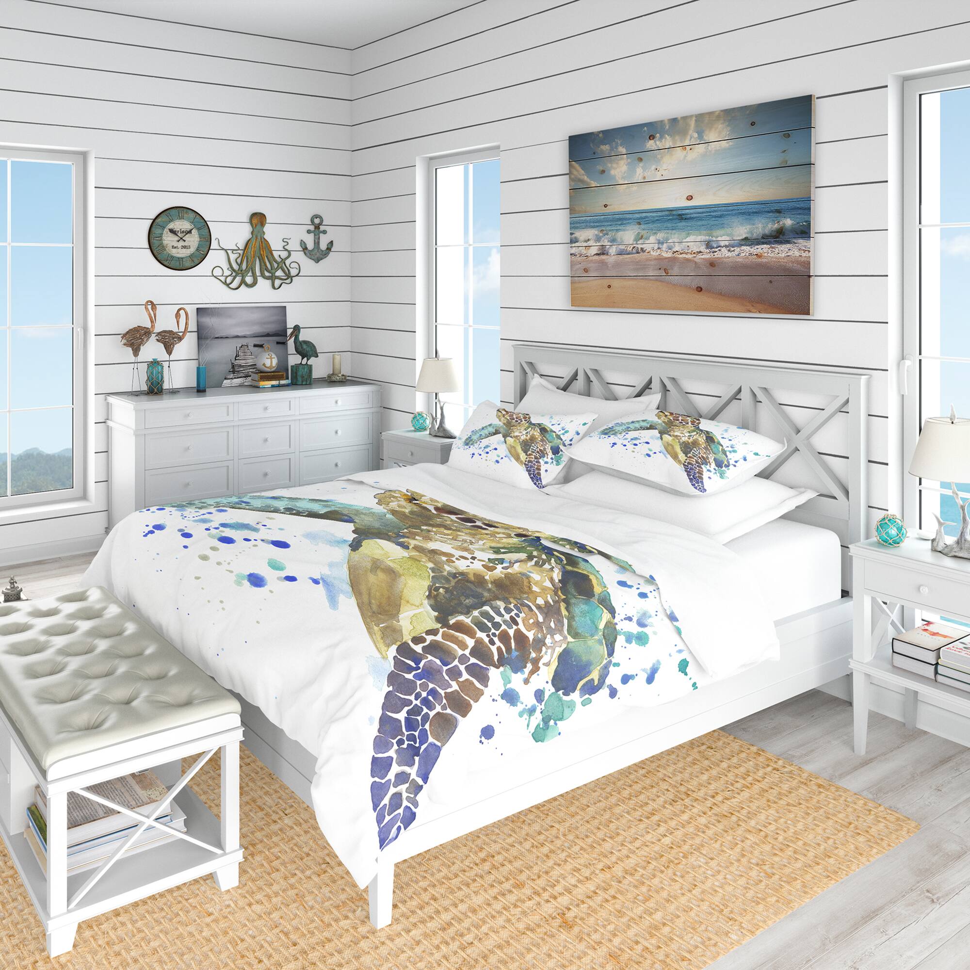 Designart Blue Sea Turtle Illustration Nautical & Coastal Duvet Cover Set